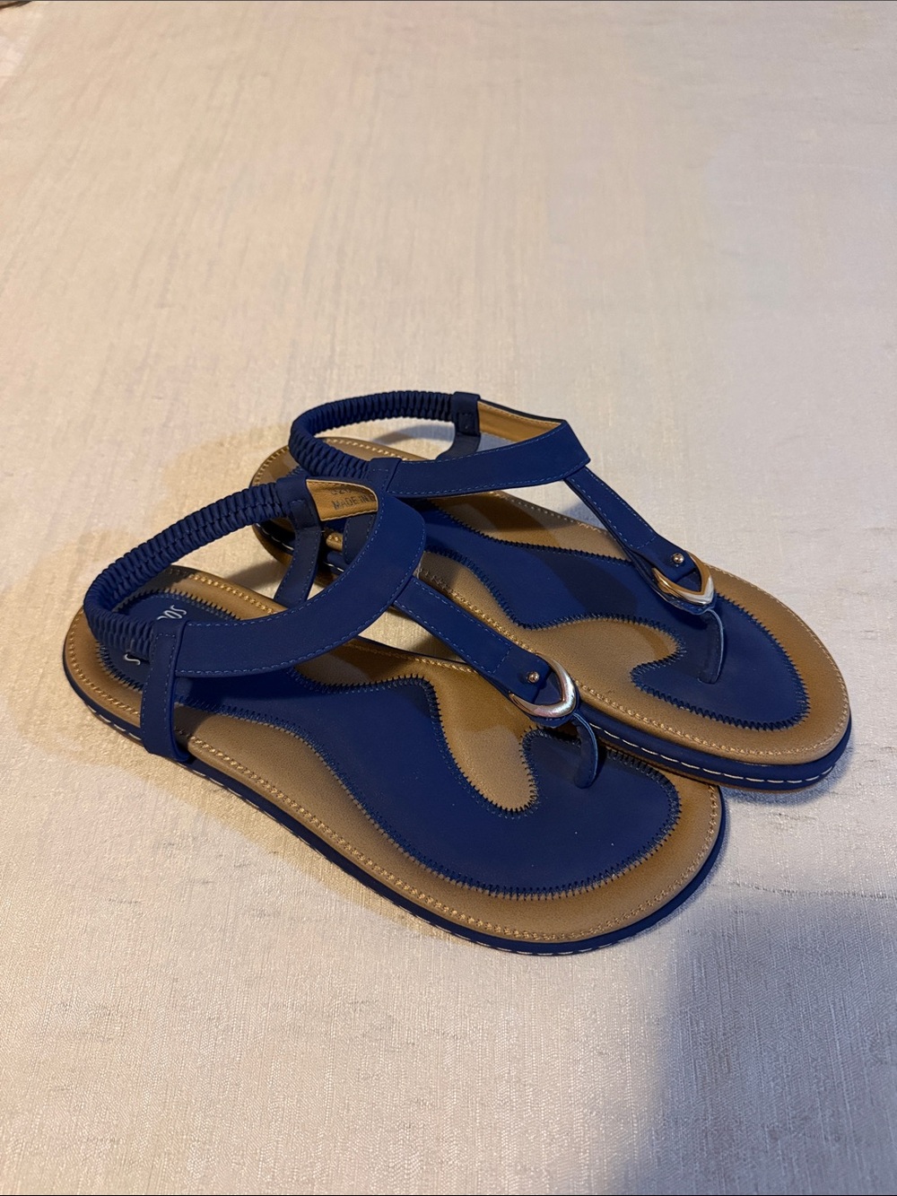Socosands Women’s Navy Blue T-Strap Slingback Sandals w/ Gold Size 40 (8-8.5)